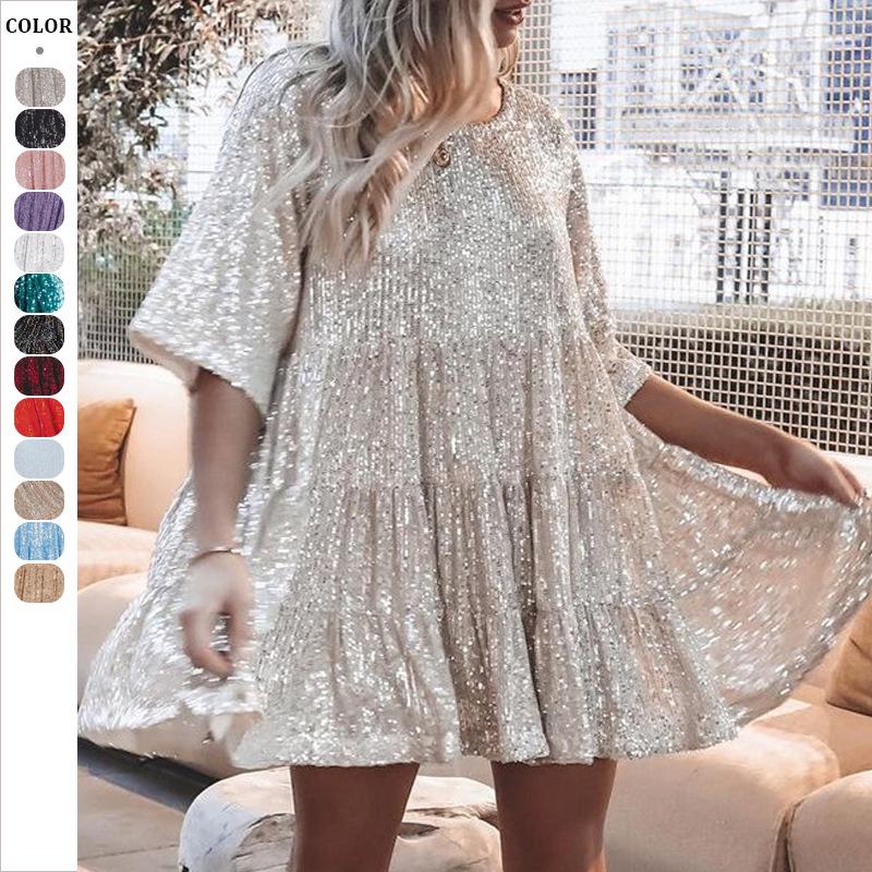2025 Solid Color Sequin Round Neck Loose Waist Short Sleeve Evening Dress