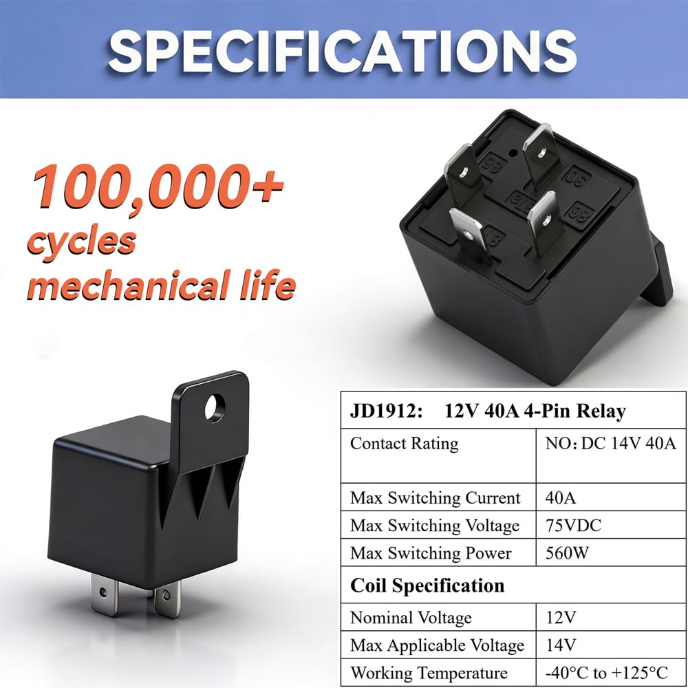 [2 Pack] 12V 40A Automotive Relay, 4-Pin SPST (Model JD1912) – Heavy Duty Relay Switch for Fuel Pump, Fan, Starter, Light Bar