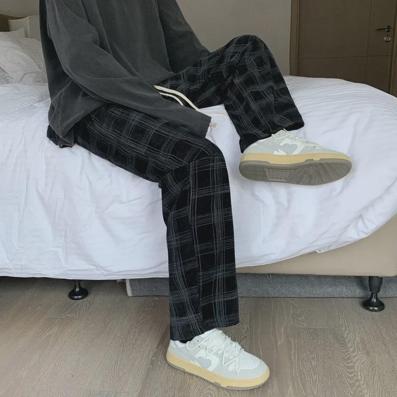 Herren Kord Plaid Lässige Weitbein Hose - Hong Kong Stil, Trendy, Locker sitzend, Gerade Bein Hose