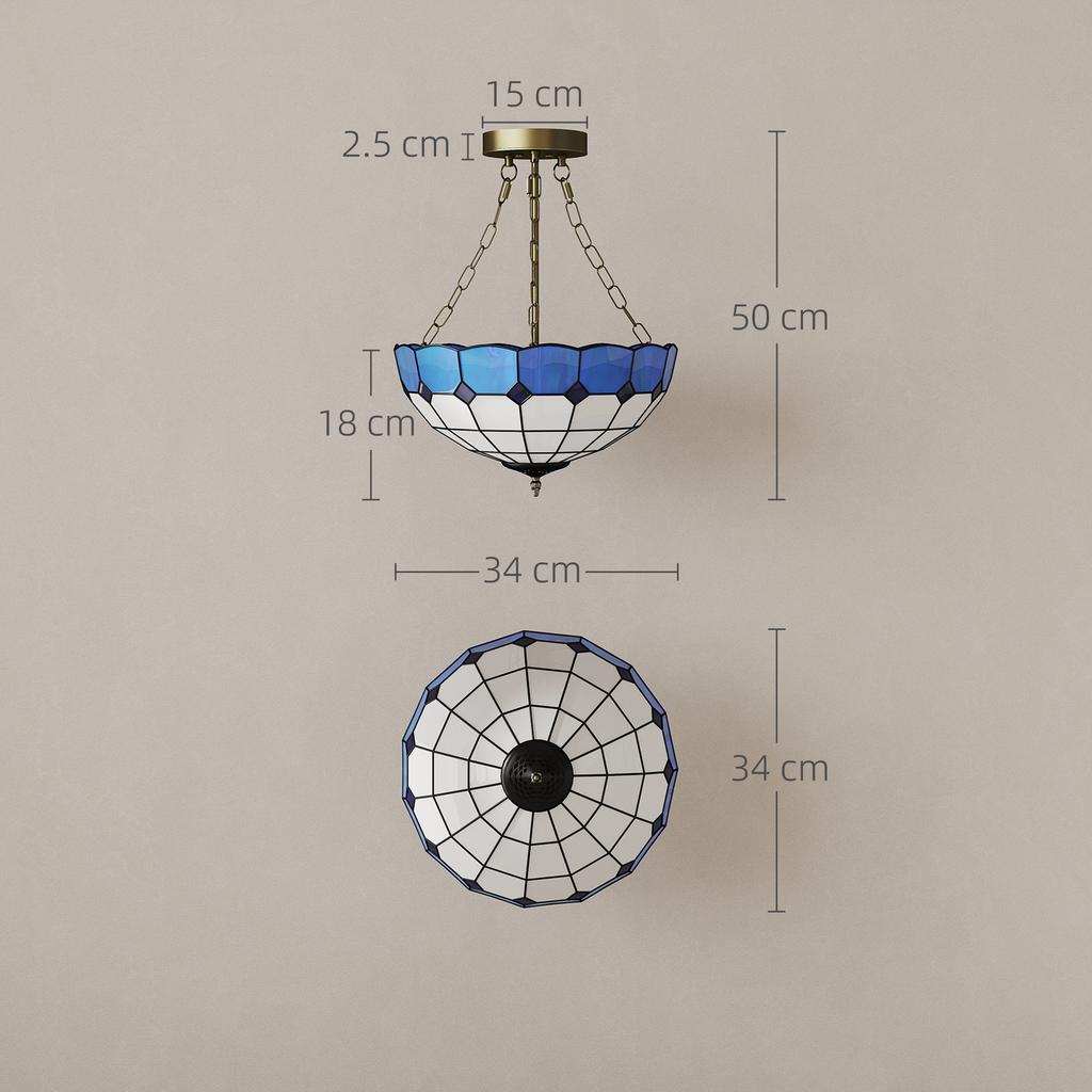 Tiffany Style Ceiling Light, Vintage Chandelier with 3 E27 Sockets, Semi Flush Mount for Living Room, Bulbs Not Included
