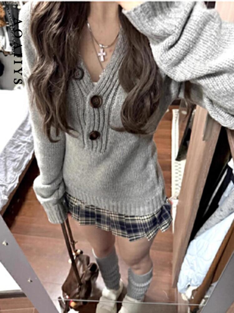 Aoaiiys Sweater Women Gray Long Sleeve Knitted Jumpers Spice Girls Slim Pullover Spring Autumn New Comfortable Casual Sweaters