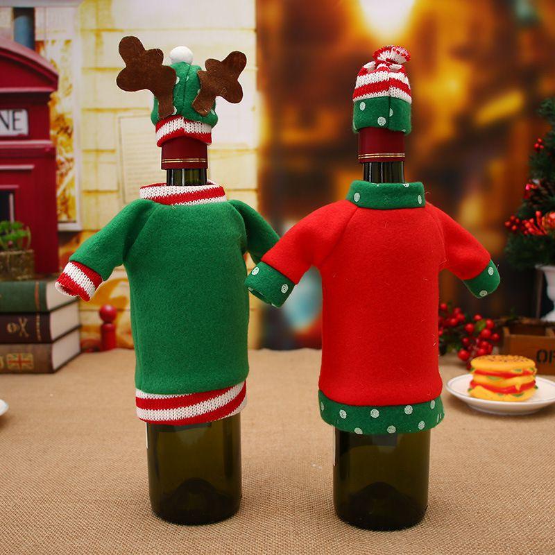Funda para Botella de Vino de Suéter Navideño con Diseño Festivo Hecho a Mano en Colores Rojo y Verde