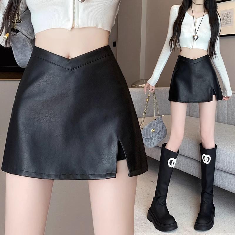

Black High-Waist Leather Midi Skirt with Irregular Slit - Hip-Hugging and Anti-Exposure Design for Autumn XXXXL чорний