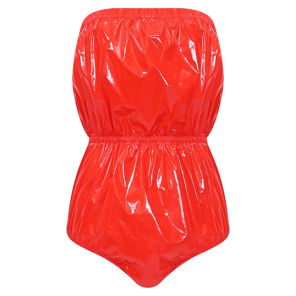 Damen Wasserdicht Glänzend Badeanzug Trägerlos Dessous Bodysuit Elastisches Band Hoch geschnittene Strampler Clubwear