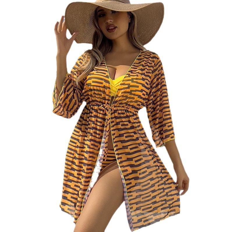 Women's Fashion Sexy 3 Pieces Sun Protection Swimwear Set Push Up Lace Up Back Top Briefs Long Sleeves Mesh Cover-Up Swimsuit Printed Bathing Suit