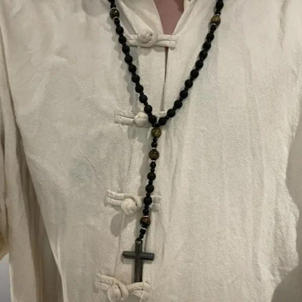 Women Men Tiger-eye Beads Necklace Cross Pendant Rosary Neck Jewelry Decoration