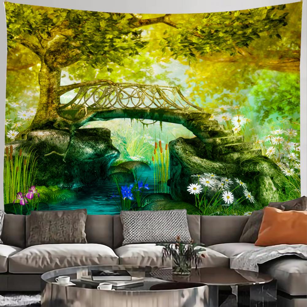 Forest River Tapestry Green Natural Landscape Tapestry Wall Hanging Decoration Living Room Bedroom Decorative Tapestry