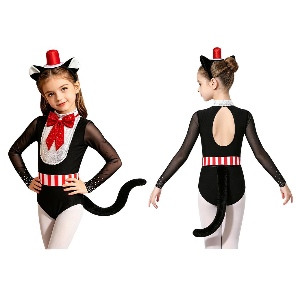 Kids Themed Party Halloween Costume Mock Neck Long Sleeve Bowknot Sequin Mesh Patchwork Bodysuit with Hair Hoop Faux Tail for Cosplay Stage
