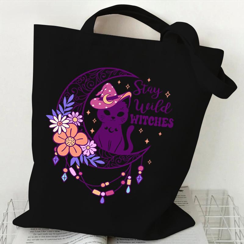 Cat Tote Bag Gothic Black Cat Shopper Halloween Party Gift Shopping Bag Spooky Seasonal Fun Animal Women's Tote Bag