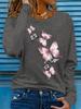 Spring and Autumn Women's 100% Cotton Fashion Casual Loose Butterfly Pattern Print Round Neck Long Sleeve T-shirt Base Shirt