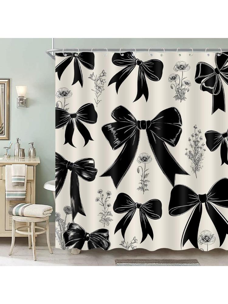 

Black Bow Coquette Shower Curtain Girls Vintage Bowknot Retro Floral Wildflower Girly Fashion Elegant Plant Bathroom Set W60H190(CM)-1 Pcs