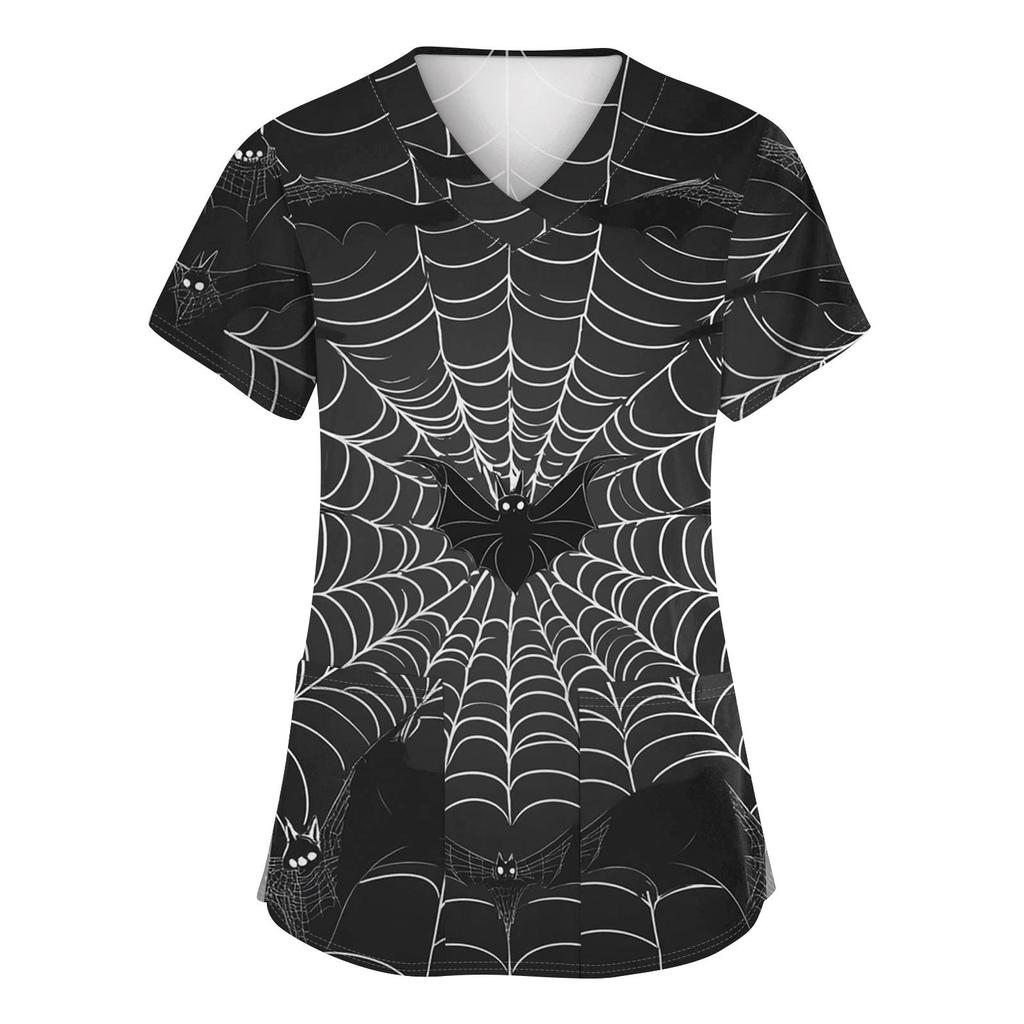 Women's Fashion V-neck Short-sleeved Work Uniform With Pockets, Halloween Print Top