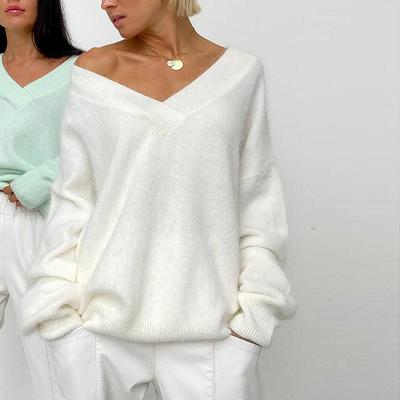 Lässiger weicher Pullover für Damen, lockerer V-Ausschnitt, einfache Strickpullover, einfacher warmer Langarmpullover, Strickwaren, einfaches Pendeln