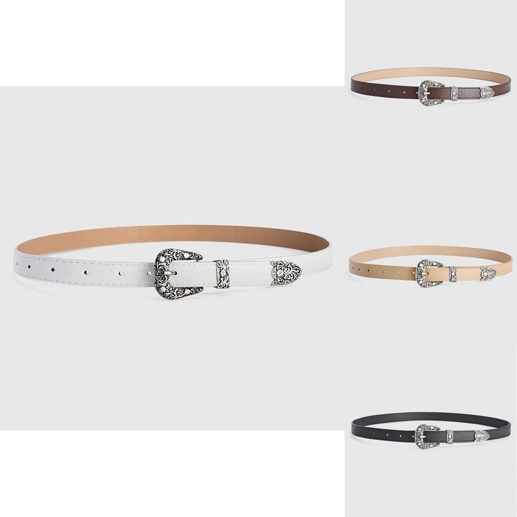 Elegant Pu Leather Belt With Alloy Floral Buckle For Women In Classic Vintage Colors