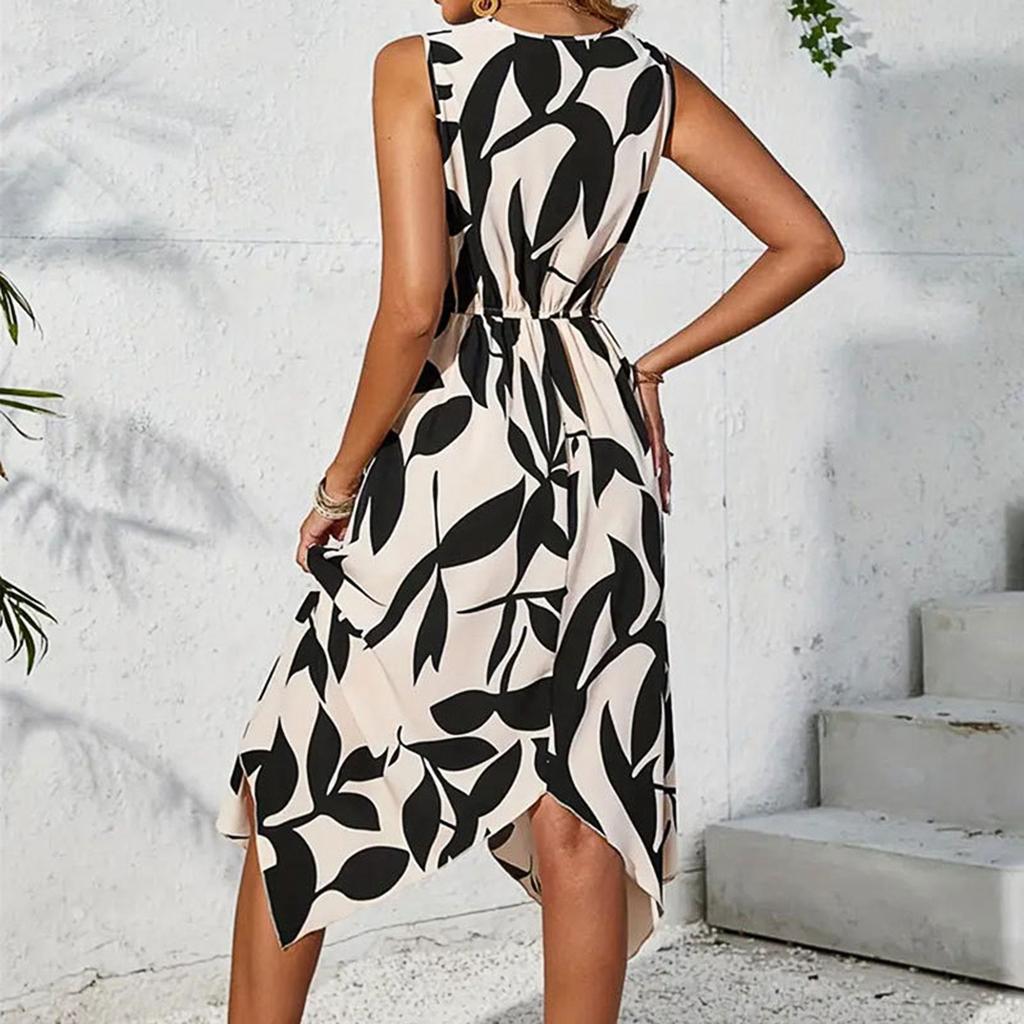 Modisches Damenkleid mit Blattdruck, verdreht und unregelmäßig, für Frühling und Sommer