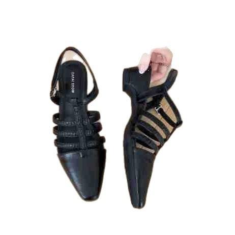French Pointed Hollow Bag Head Sandals Women'S Summer Woven Thick Heel Temperament With Skirt Roman Shoes