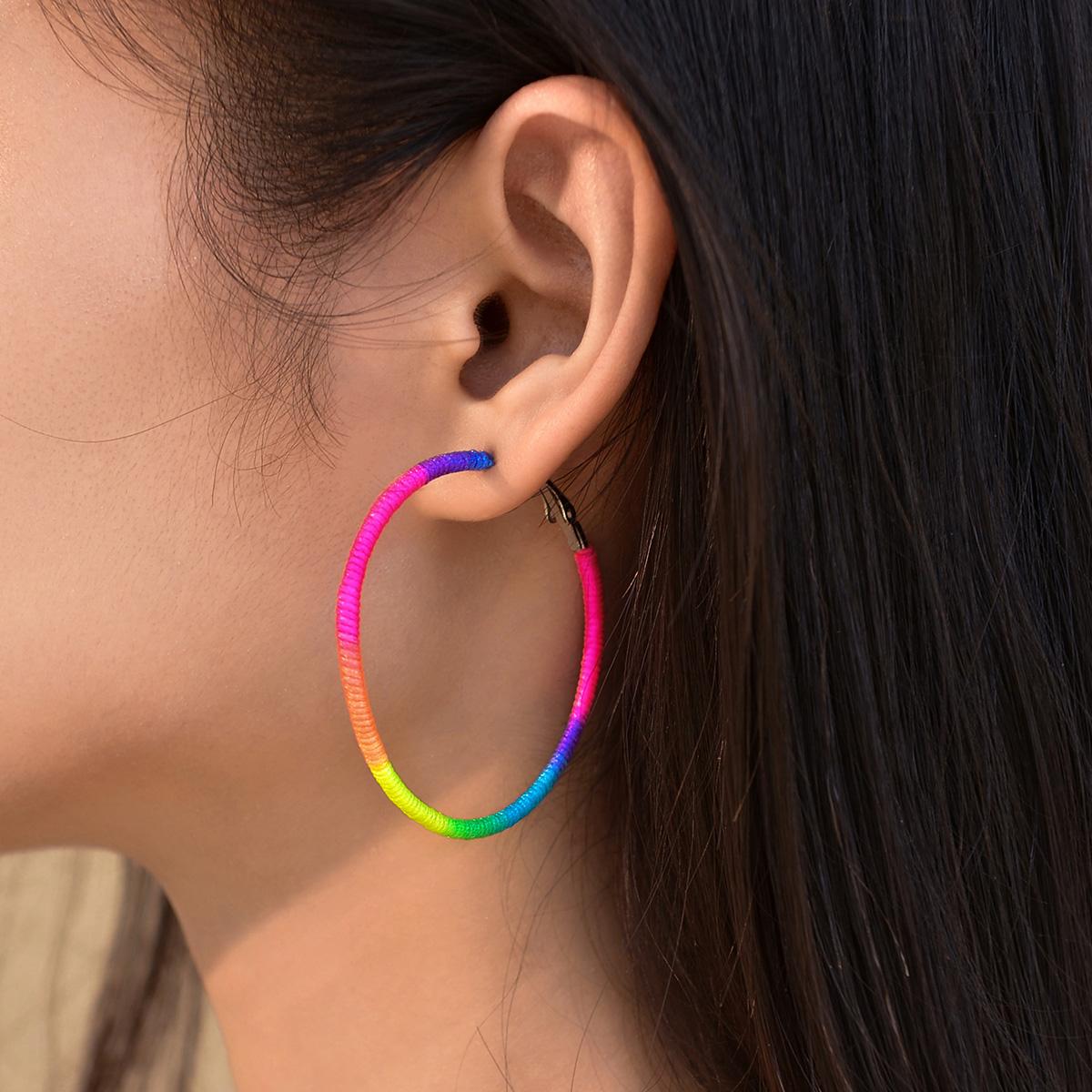 Summer vacation style colorful rope woven circular women s earrings