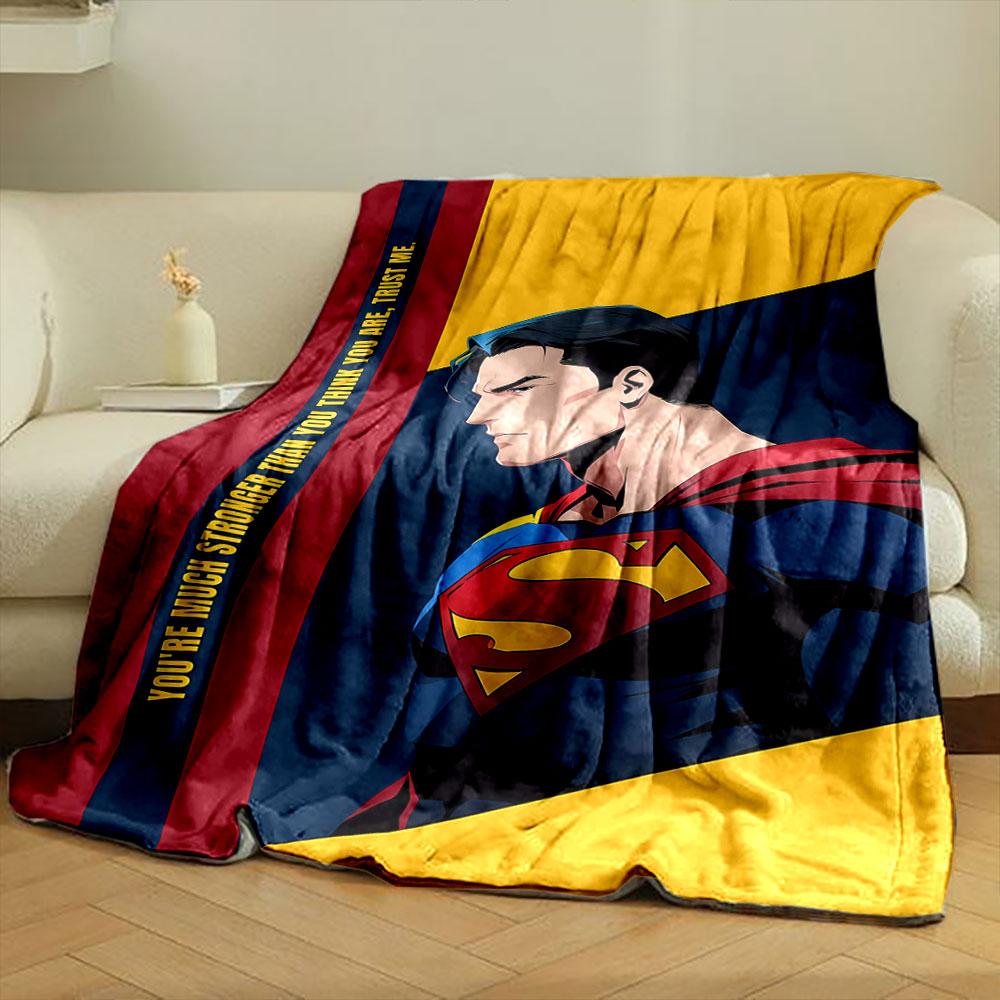Comic-style superhero with red, blue, and yellow design elements. for all seasons blanket lunch break throw gift