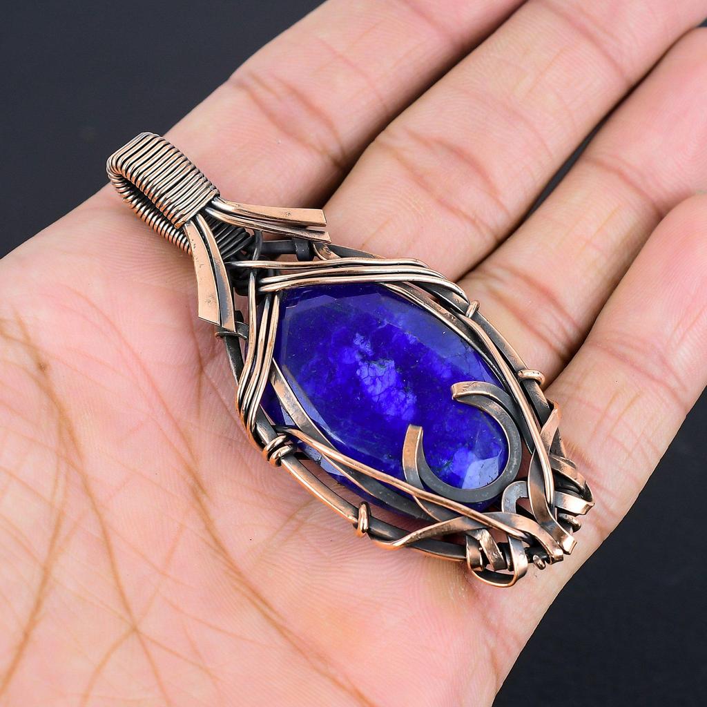 Blue Sapphire Pendant, Handmade Gemstone Pendant, 999 Copper Wire Wrapped Pendant Antique Jewelry, For Engagement Gift