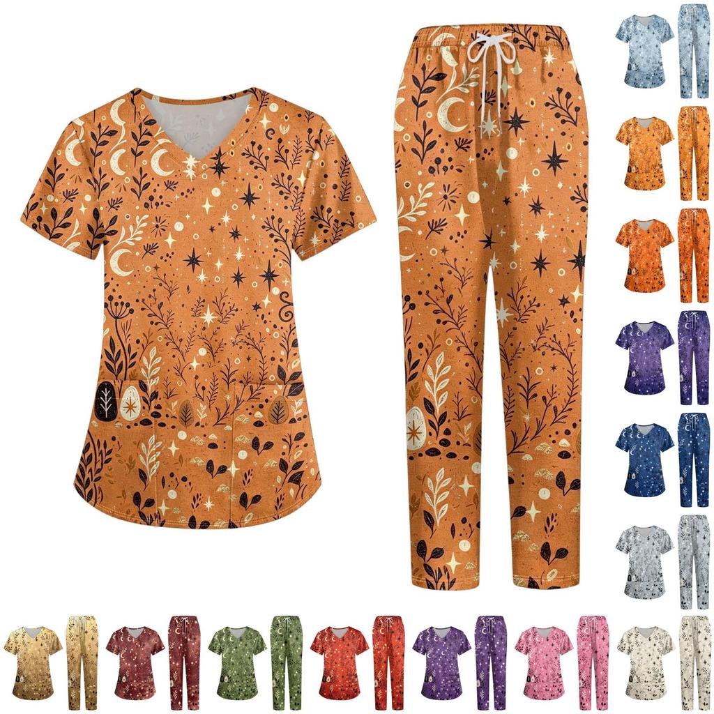 Women's V-Neck Short Sleeve Scrub Set with Pockets, Botanical Print Two-Piece for Caregivers