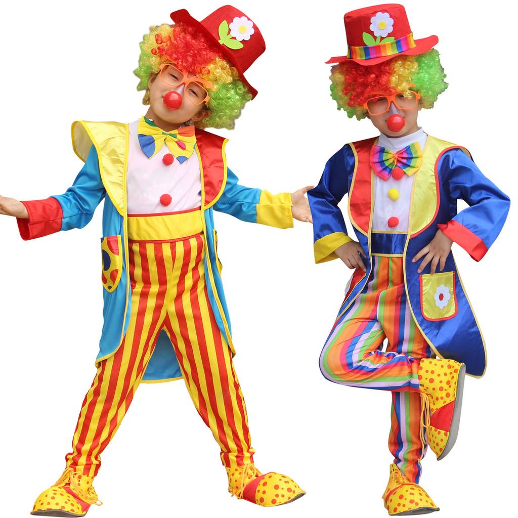 Kids Halloween Clown Costume Striped Jumpsuit Coat Top Hat Bowtie Carnival Performance Outfit