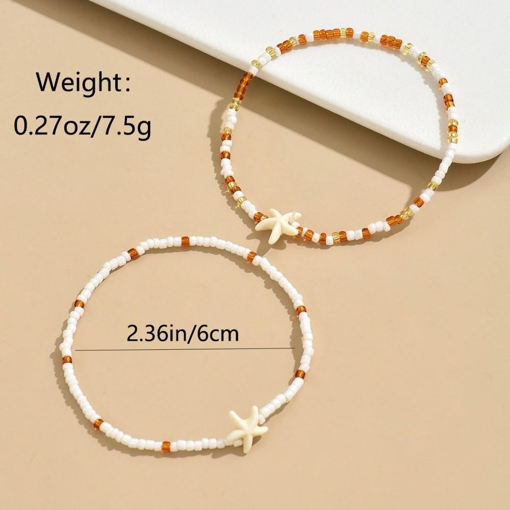 2Pcs Starfish Beaded Beaded Anklets Chain Set Elastic Foot Bracelets  Jewelry Accessories