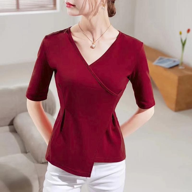Women's Asymmetrical Waist-Cinching V-Neck Top - Chinese Style, Mid-Sleeve, Slimming Solid Color