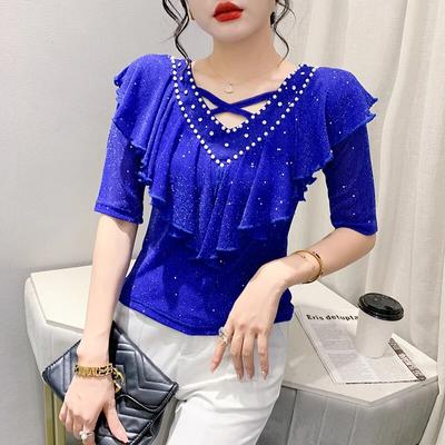 New Summer European Style Cotton T-Shirt Chic Sexy V-Neck Hollow Out Shiny Beads Women Tops Short Sleeve Ruffles Tees