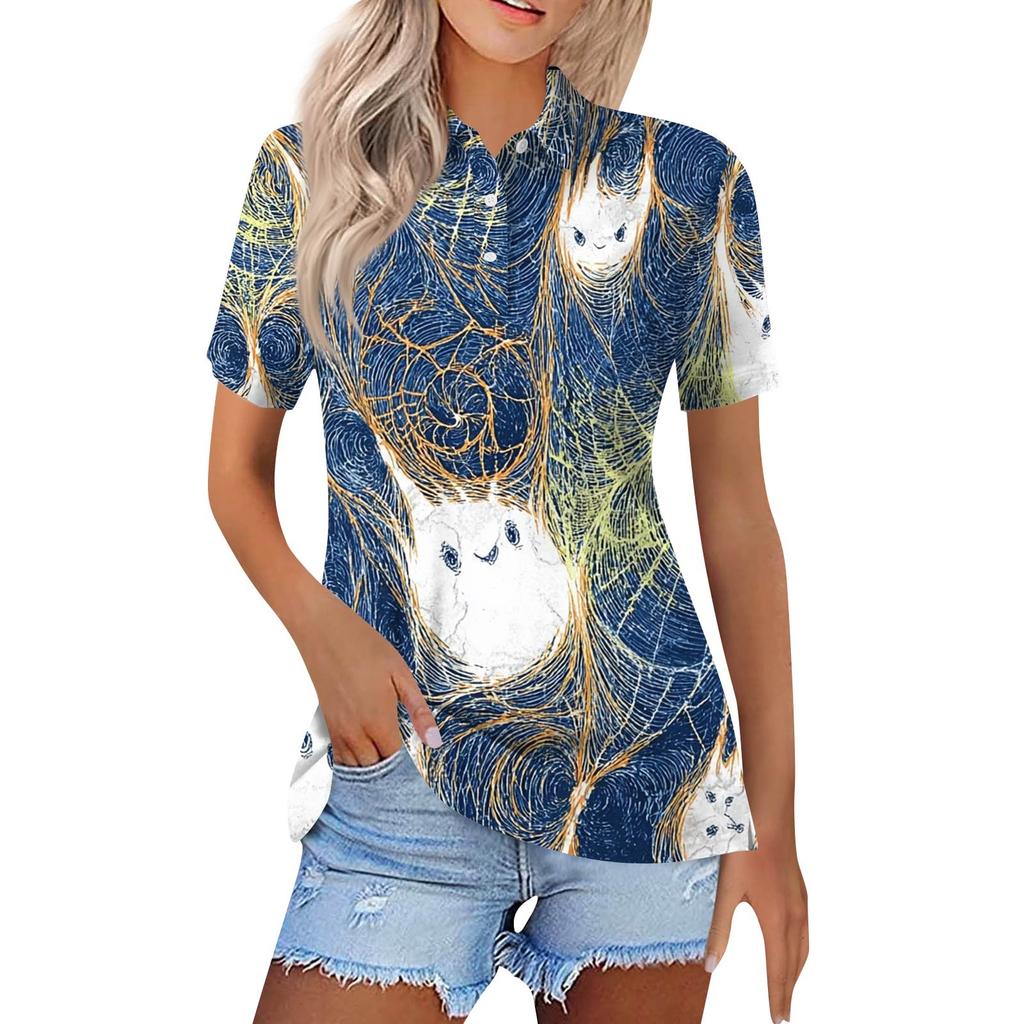Women's Fashion Casual Lapel Short Sleeve Printed Shirt Women's Button Up Tops
