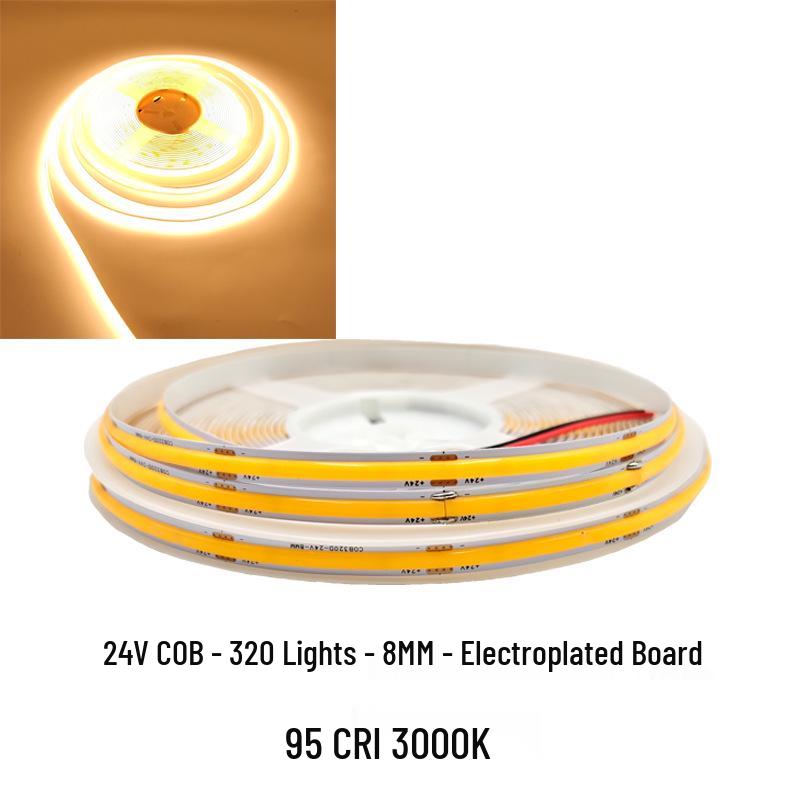 COB LED Strip Light 12V/24V, 320/480 LEDs, 8MM, 90 CRI, Self-Adhesive, Aluminum Channel.