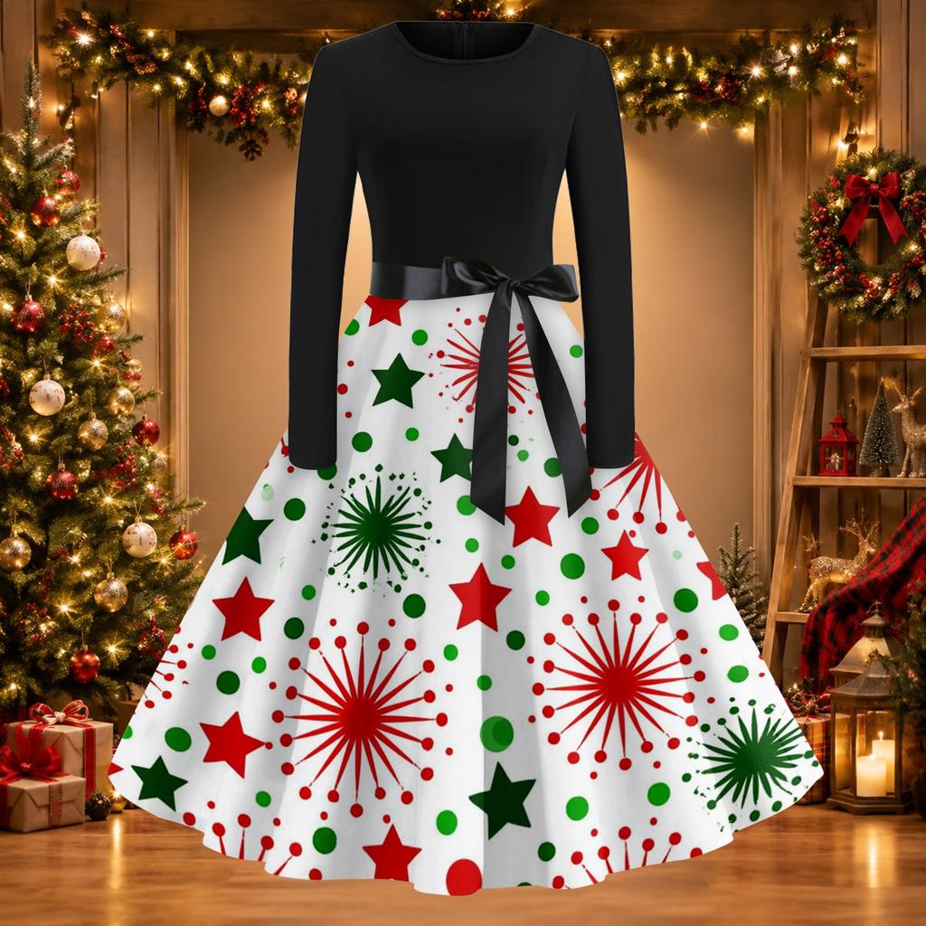 Damen Vintage Christmas Print Rundhals Freizeitkleid