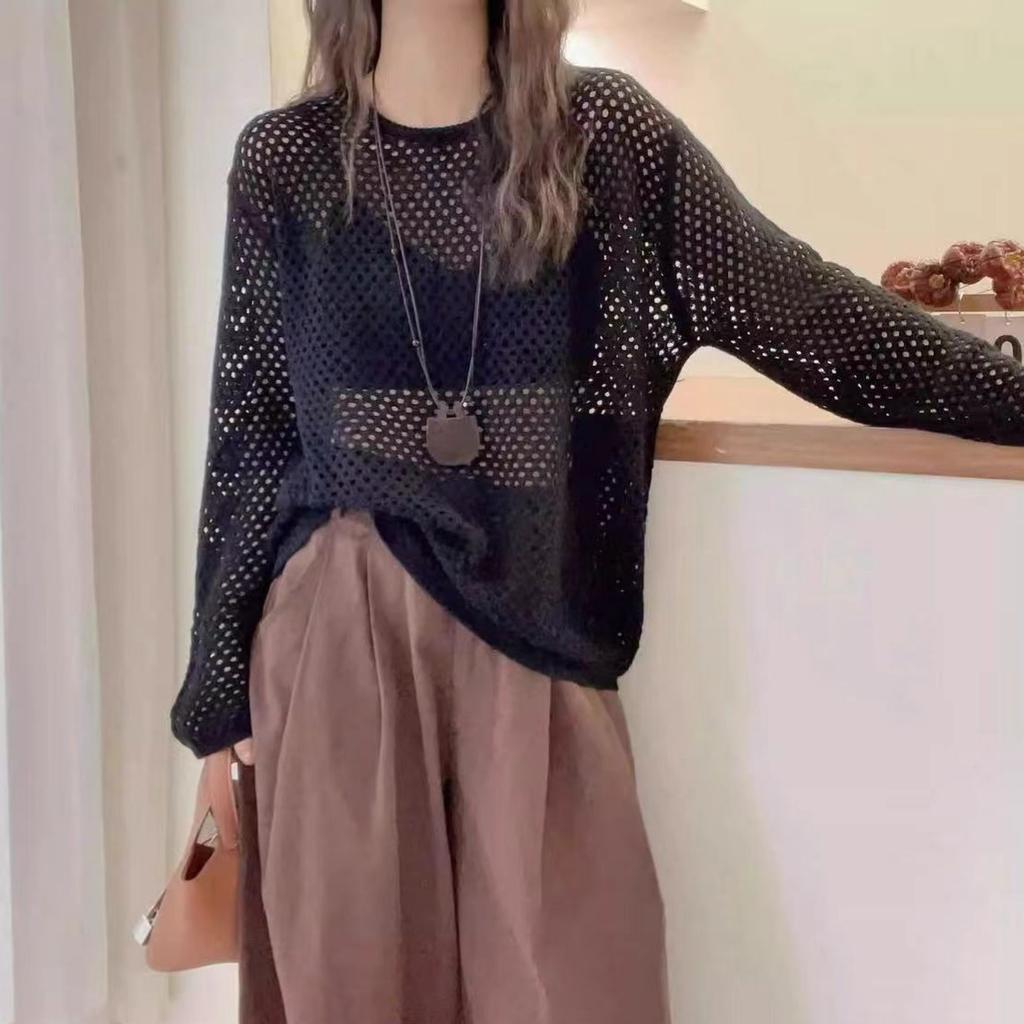 Long-sleeved hollow knitted sweater women's summer design sense outer wear thin see-through top loose lazy wind sunscreen blouse