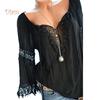Fetong Autumn Elegant Hollow Lace Stitching Solid Color Women Long Sleeve Shirt Top