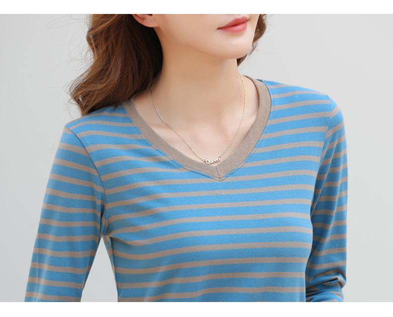 Women's Striped V-neck Long-sleeve Stretchy Casual T-shirt