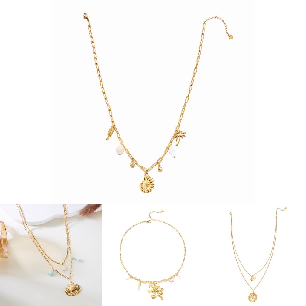 Summer Boho Resort Style Double Chain Necklace With Shell And Moon Decorations For Women