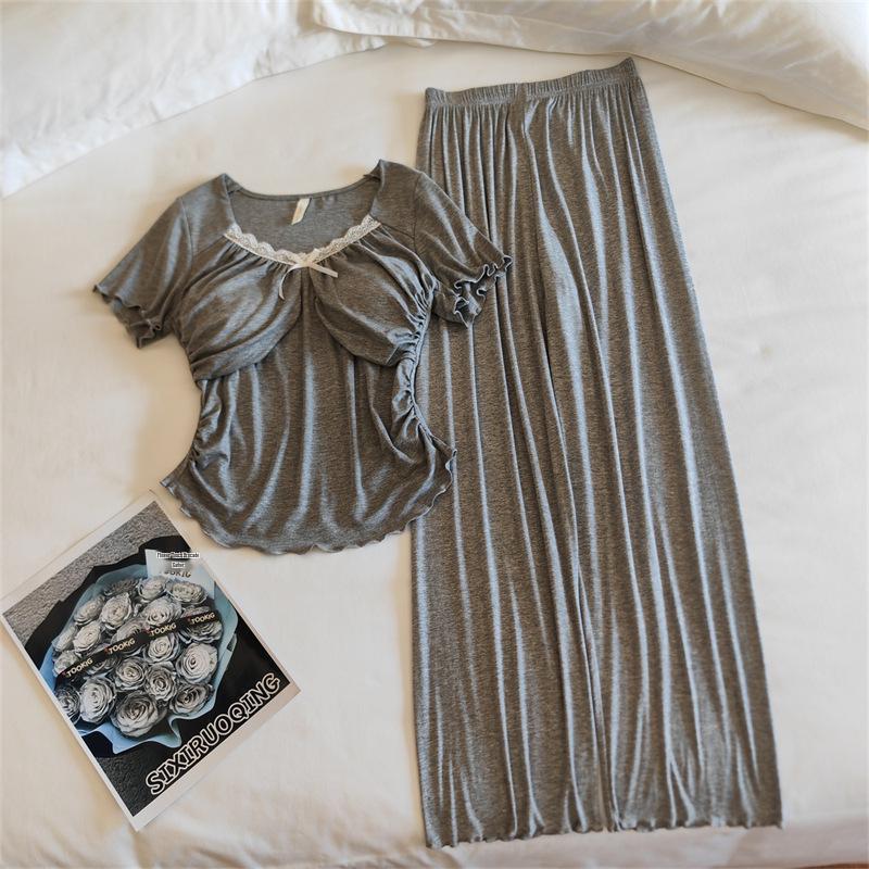 Women's Modal Pajama Set: Summer Short Sleeve & Long Pants with Chest Pad