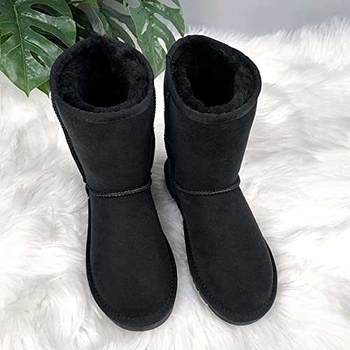N Gaji Damen Lammfellstiefel, Echtes Rindsleder mit Schafwollfutter, Flauschige Wasserdichte und Rutschfeste Sohle, A22 (Schwarz, Größe 24.5)