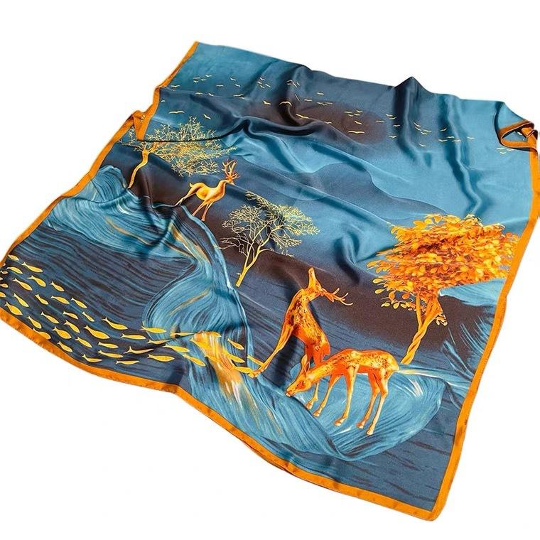 New Autumn Women's Satin Printed Imitation Silk Scarf Korean High-end Fashion Versatile Silk Scarf Decorative Shawl