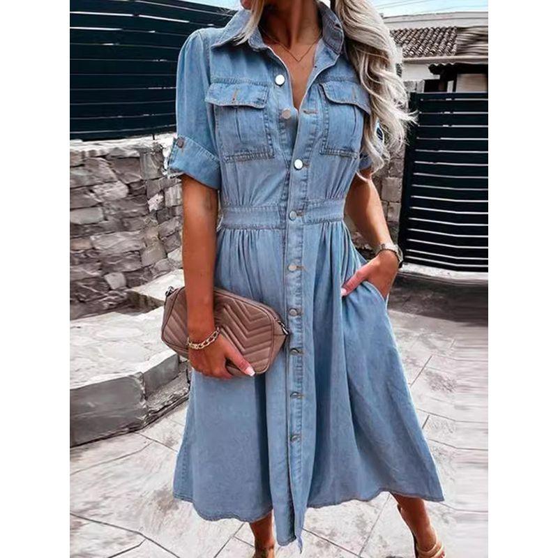 Collar Brewed Slim Fit Denim Dress Lapel Breasted Silm Denim Dress