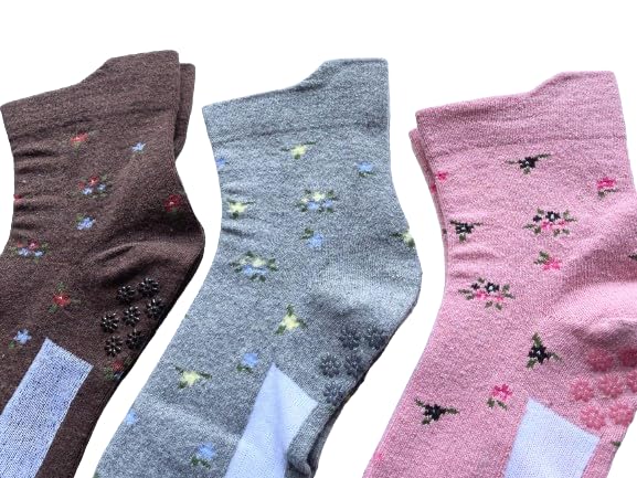 Socks with Easy to Put on with One Wool Floral No Elastic Suitable for Nursing and Set E20 Women's Non-Slip Backing, Hand, Blend, Warm, Print, Cuff,