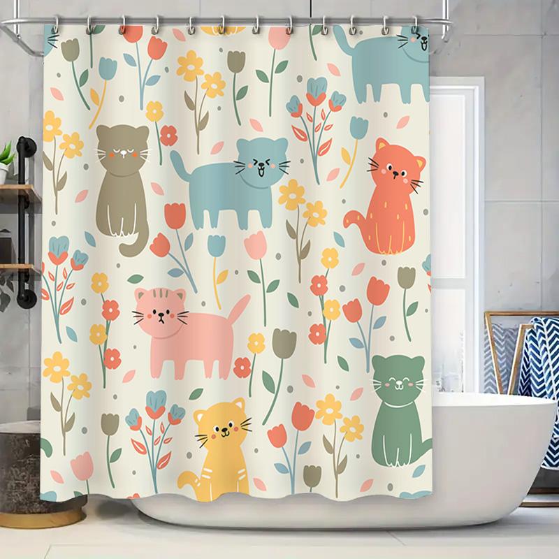 

Vintage Floral Cat Shower Curtain Tiled Pattern Bath Decor W60H190(CM)-1 Pcs