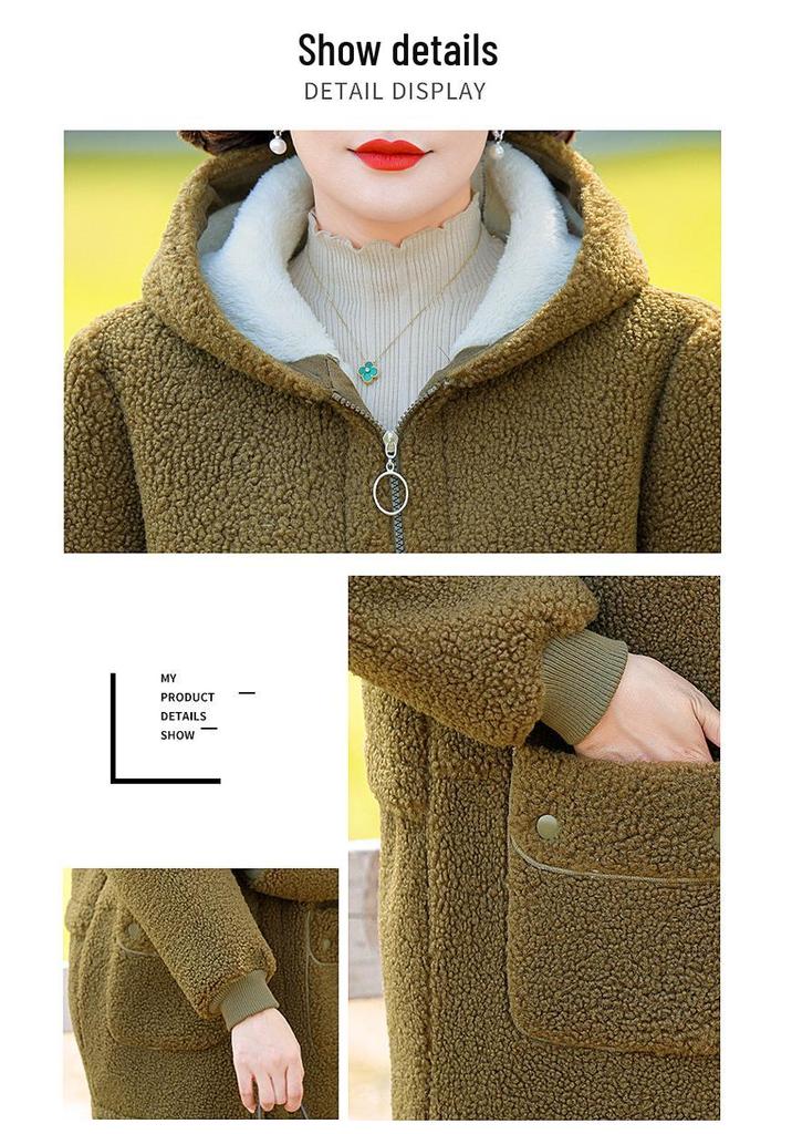 Mom's Elegant Winter Hooded Lambswool Coat with Fleece Lining - Thickened, Fashionable, for Middle-Aged and Elderly Women