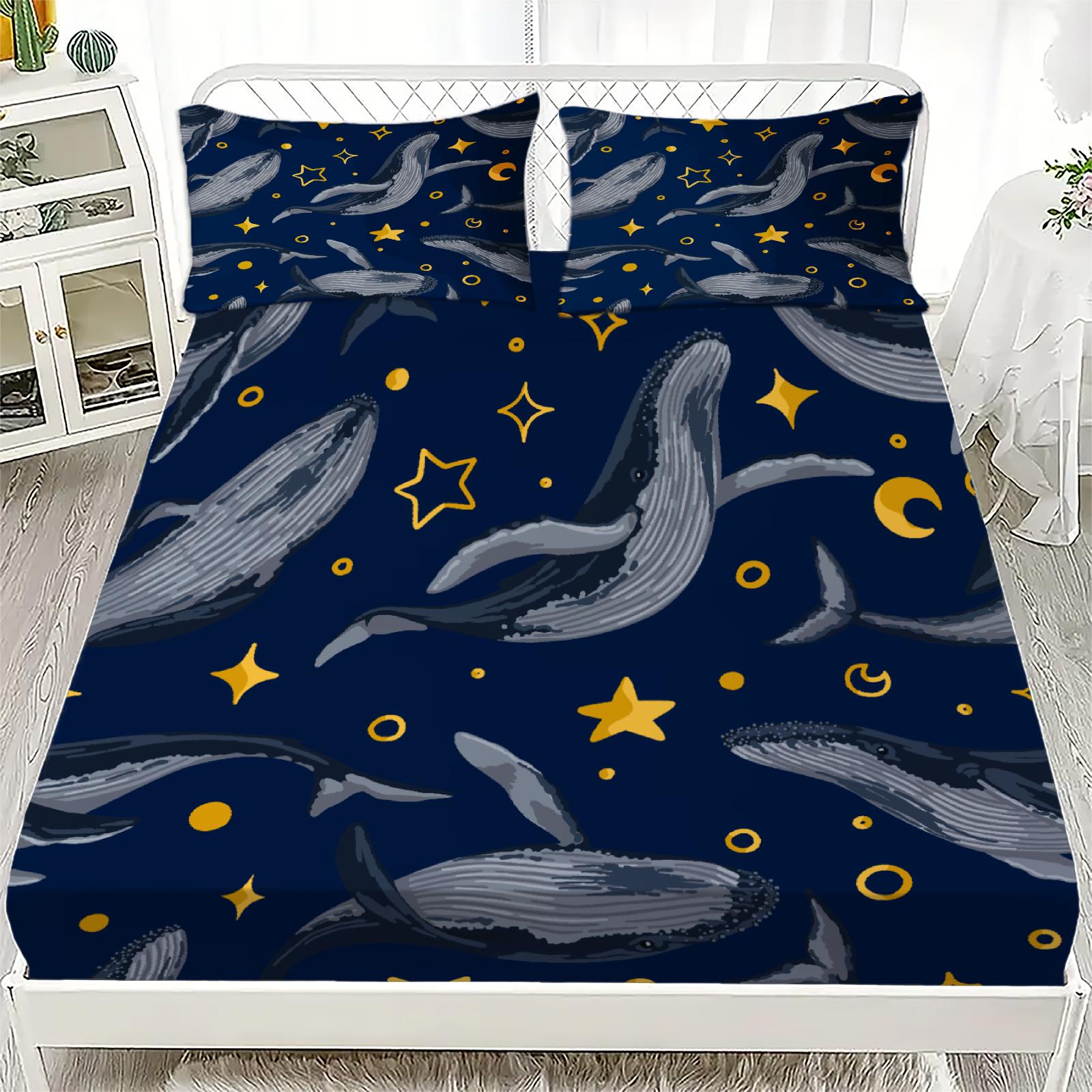 

3pcs Fitted Sheet Set Watecolor Style Room Decor Whales Stars Moons Circles Dots Printed Polyester Bed Sheet With 2 Pillowcases 99x190x25cm