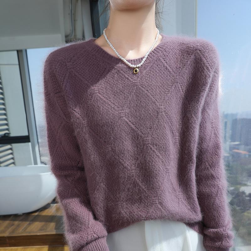 2025 Autumn/Winter Women's Loose Mink Cashmere Pullover - Round Neck, Solid Color, Diamond Knit