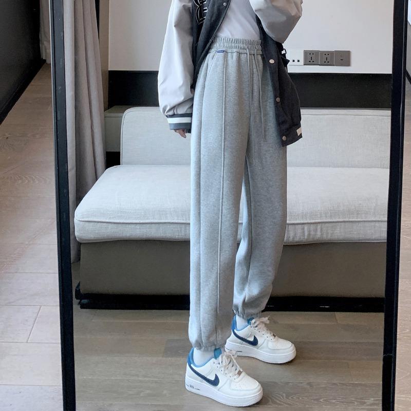 Sweatpants women's autumn and winter new loose casual pants slimming fleece thickened sweatpants high waist small man tied feet