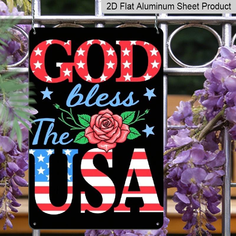 2D Flat, Decorative Sign & Plaque, Metal Sign, Retro Sign for Wall Decor, Funny Signs, 'God Bless The USA' Patriotic Wall Art Plaque with American