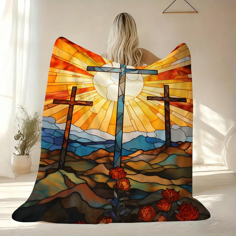 Stained Glass Cross Throw Soft Flannel AC Blanket Lightweight Summer Nap Throw Cozy Blanket for Sofa Bed Travel Home