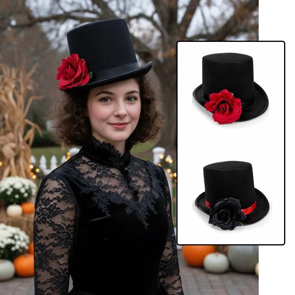 Vibrant Red Gothic Top Hat Classic Black Halloween Cosplay Headpiece Rose Gentleman Cap Live Shows