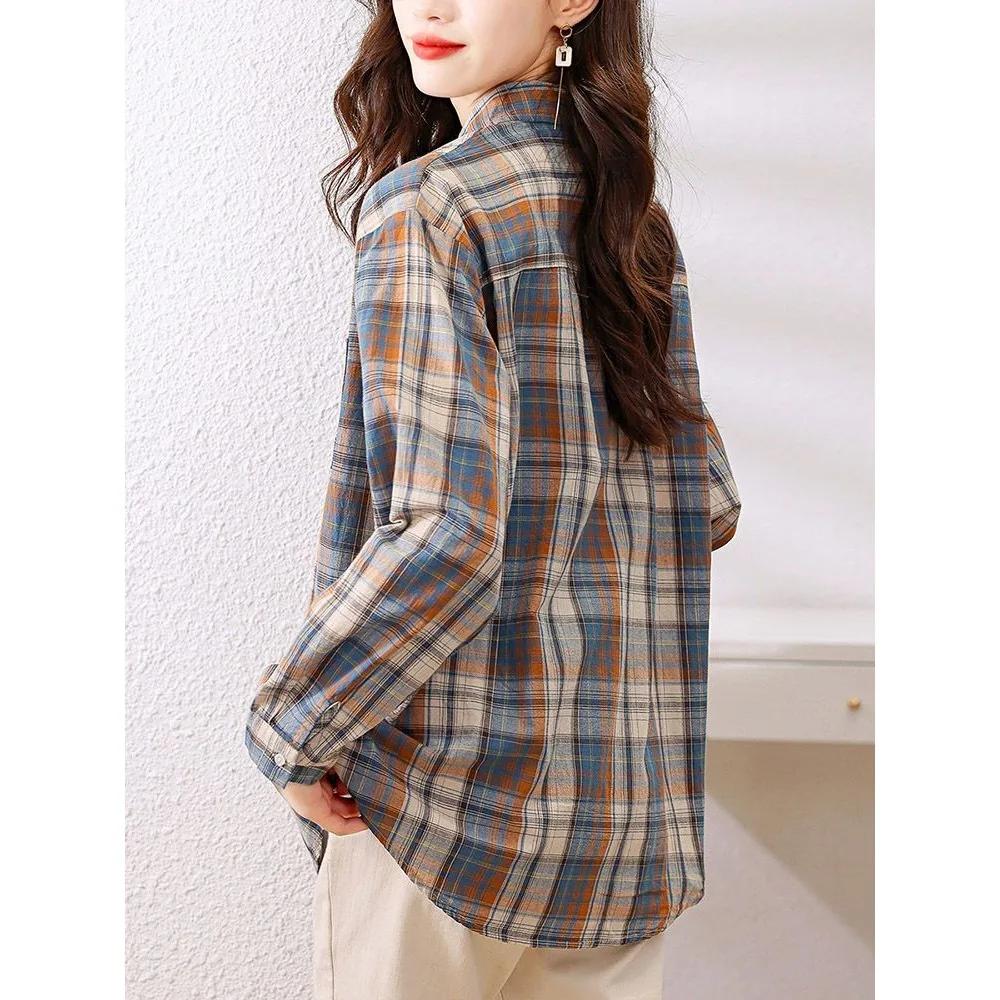 Checkered Shirt for Women In Spring and Autumn Fashionable and Retro Pure Cotton Shirt Worn with A Foreign