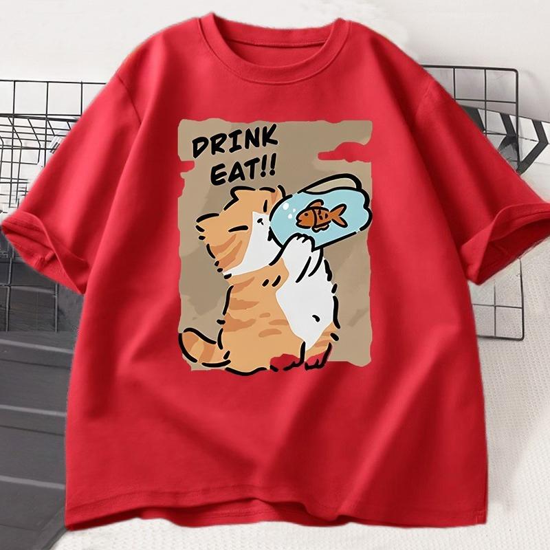 Funny Cat Eat Fish Tshirt Trend Printed Cotton Round Neck Tshirt Unisex and WOMEN with The Same Loose Casual Short Sleeve Tees